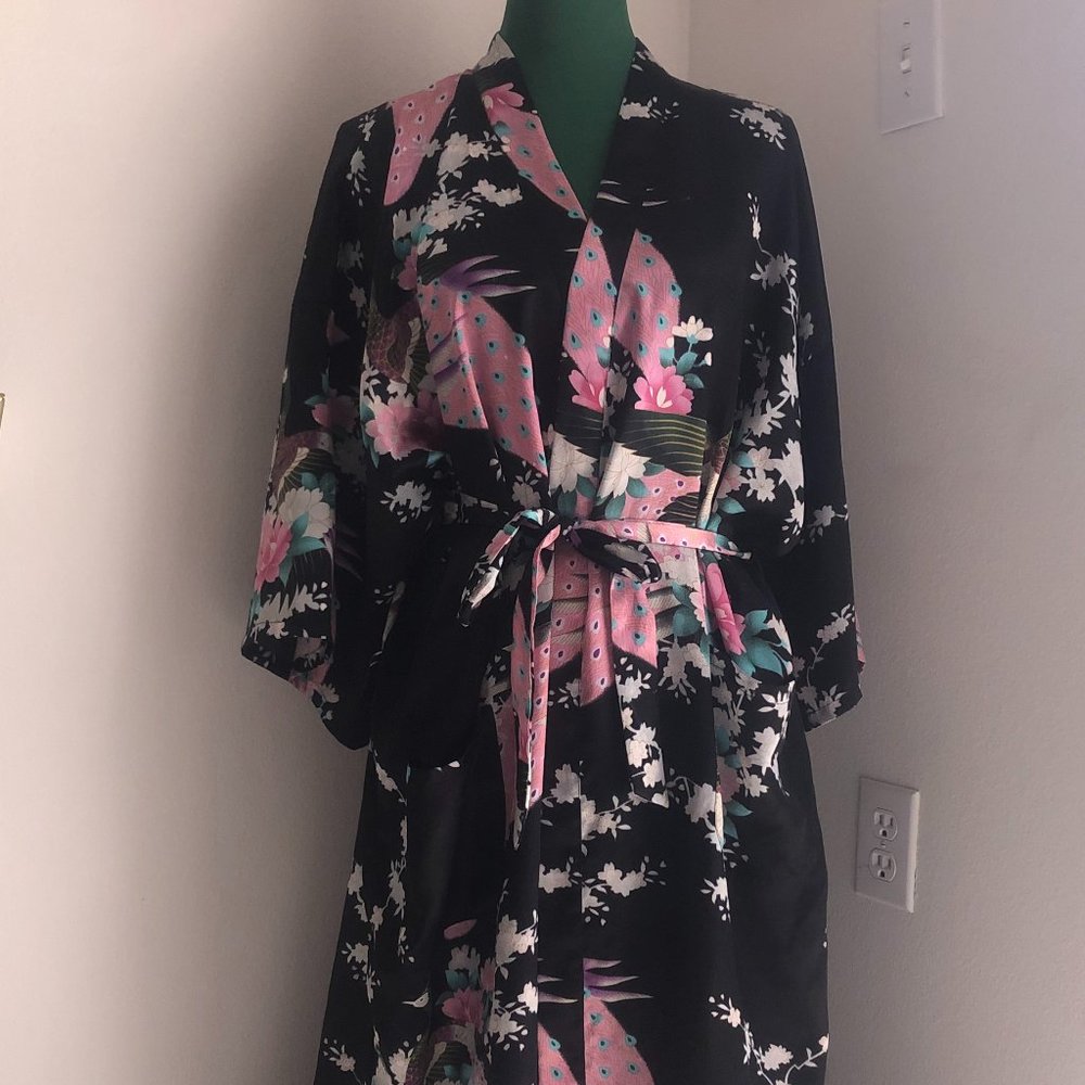 Bsduever Calf-Length Satin Kimono Bathrobe